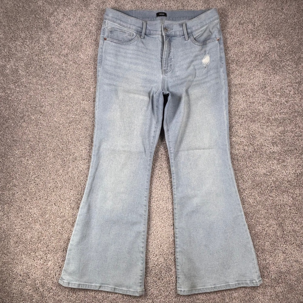 Express‎ 70s Flare Mid Rise Hyper Sculpt Light Wash Jeans Womens 12S Distressed